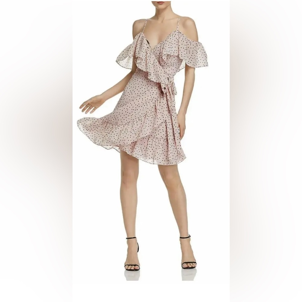 NWT Wayf Elise Ruffled Polka Dot Blush Chiffon Cold Shoulder Wrap Dress Size M